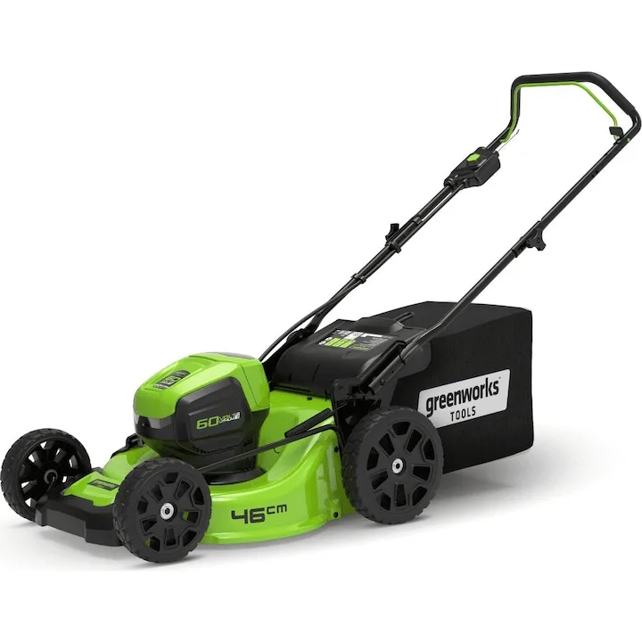 Review Greenworks Masina de tuns iarba fara fir 60 V Negru Verde Latime taiere 46 cm — Caracteristici