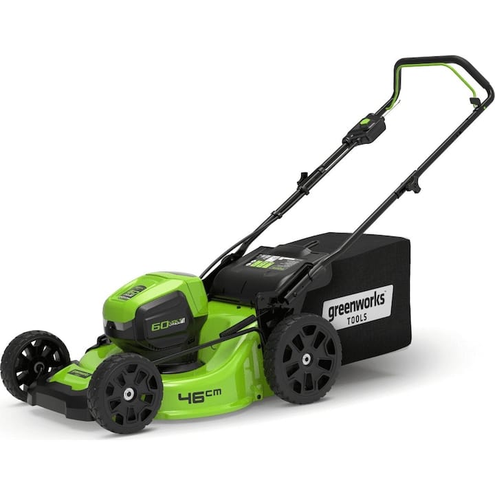 Review Greenworks Masina de tuns iarba fara fir 60 V Negru Verde Latime taiere 46 cm — Caracteristici